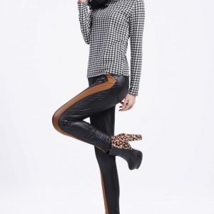 Black Faux Leather Look Leggings with Brown Stripe