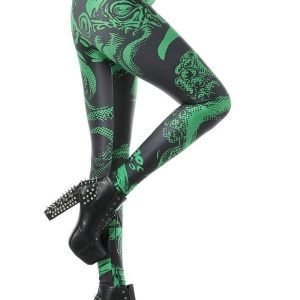 Black Leggings tights with green pattern