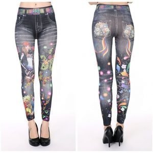 Black denim leggings with flames jeans print leggings