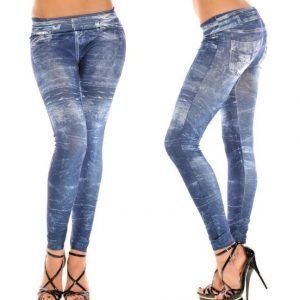 Blue fake hole imitation jeans print leggings