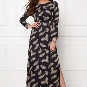 Dry Lake Black Elf Long Dress Black Feather Print