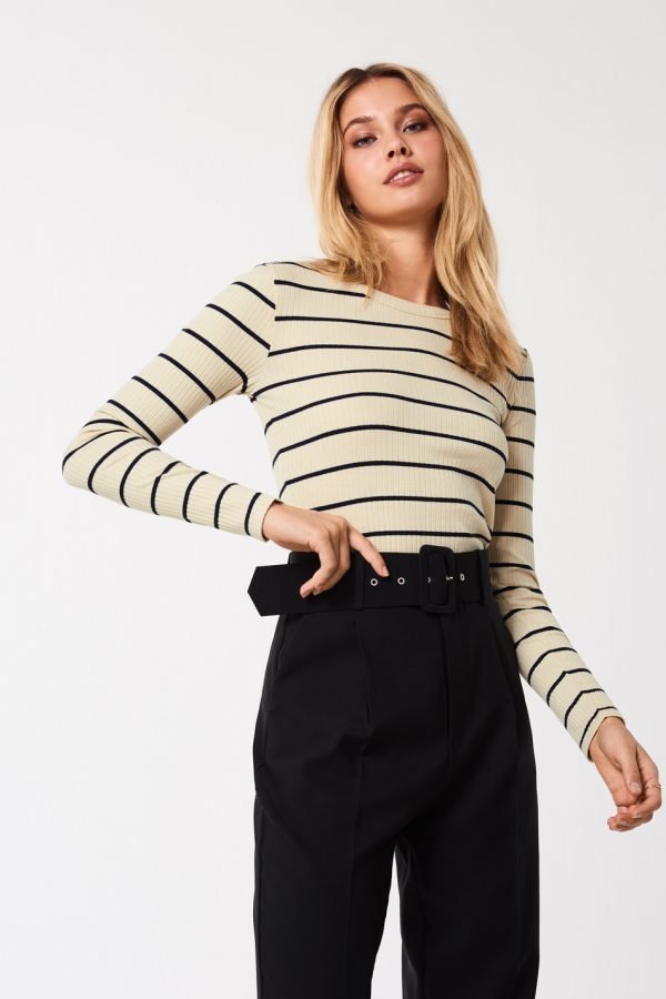 Gina Tricot Blake Rib Top Toppi Beige / Stripe