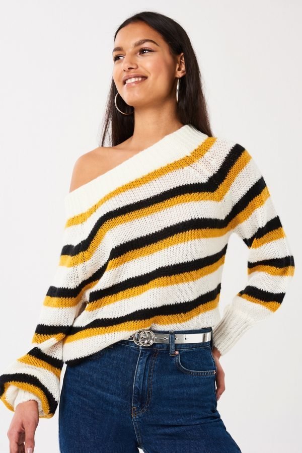 Gina Tricot Elora Knitted Offshoulder Sweater Neulepusero Yellow Stripe