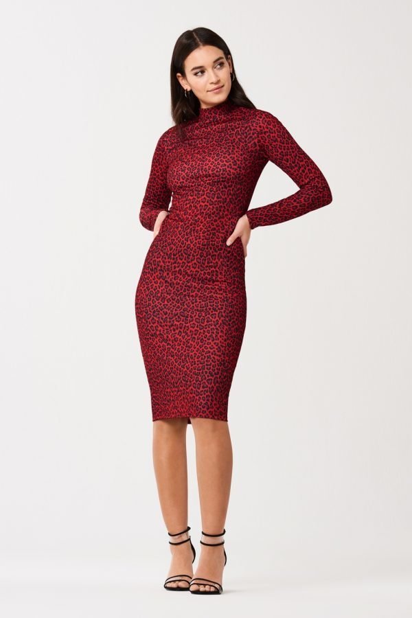 Gina Tricot Lea Turtleneck Dress Mekko Red Leopard