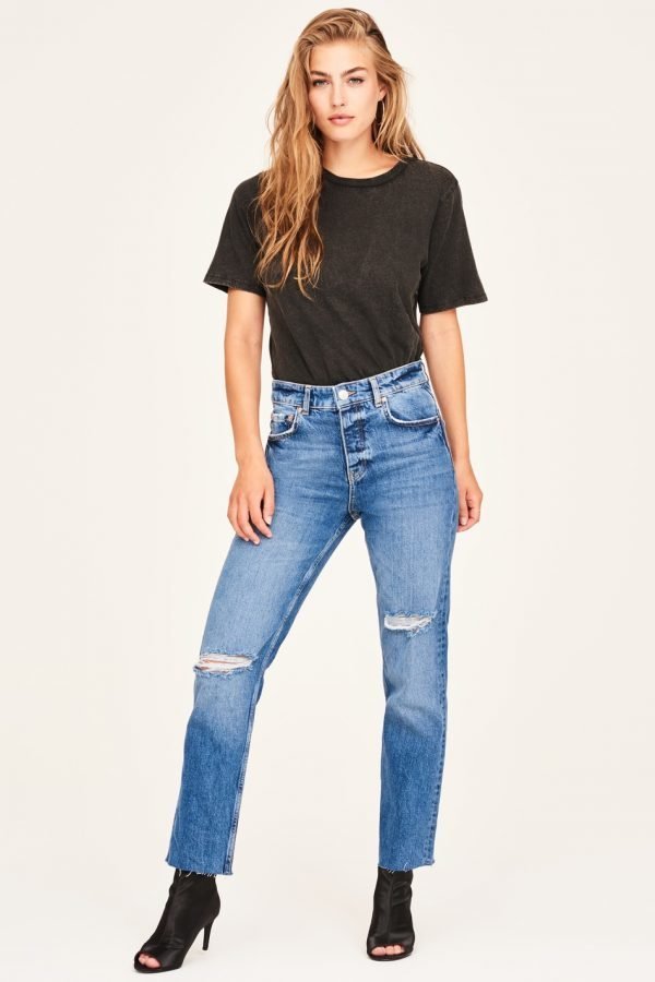 Gina Tricot Sanna Straight Jeans Farkut Dk Blue Destroy