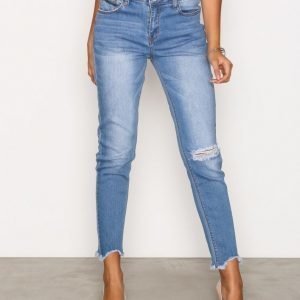 Glamorous Raw Hem Ripped Knee Jeans Skinny Farkut Mid Blue