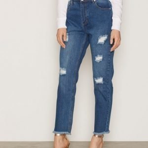 Glamorous Ripped Jeans Straight Farkut Mid Blue