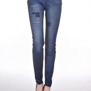 Hole imitation with fake belt blue jeans print leggings