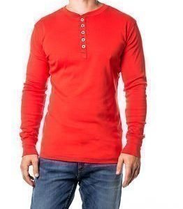 Knowledge Cotton Apparel Rib Knit Henley Aurora Red