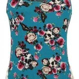 Midnight Hour Teal Floral Skull Lace Crochet Girls Naisten Toppi