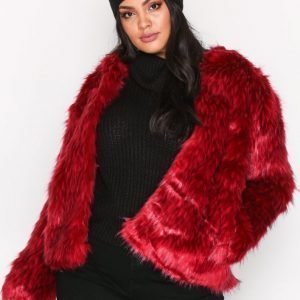 Missguided Collarless Faux Fur Coat Tekoturkki Red