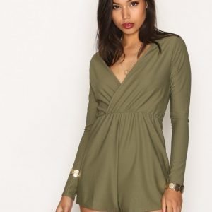 Missguided Crepe Wrap Playsuit Khaki