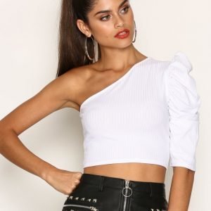 Missguided Pleat One Shoulder Ribbed Crop Top Pitkähihainen Paita White