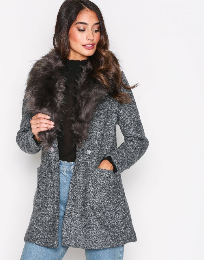 New Look Faux Fur Collar Coat Pitkä, New Look Black Speckled Faux Fur Collar Coats