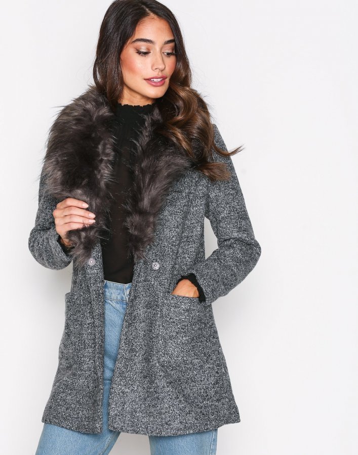New Look Faux Fur Collar Coat Pitkä Takki Black Vaatekauppa24 Fi New Look Faux Fur Collar Coat Pitkä, New Look Black Speckled Faux Fur Collar Coats