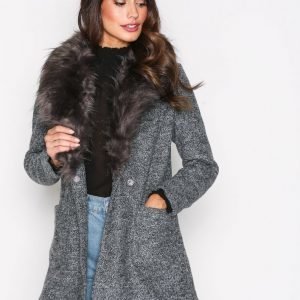 New Look Faux Fur Collar Coat Pitkä Takki Black