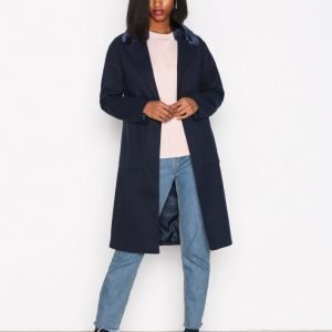 New Look Faux Fur Collar Coat Pitkä Takki Navy