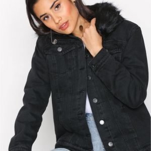 New Look Faux Fur Denim Jacket Farkkutakki Black