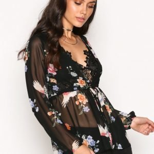 New Look Floral Print Tie Waist Kimono Black