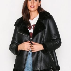 New Look Fur Lined Aviator Jacket Nahkatakki Black