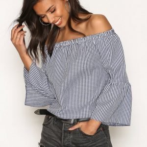 New Look Gingham Bell Sleeve Bardot Neck Top Pitkähihainen Paita Blue / White