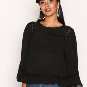 New Look Lace Trim Bell Sleeve Top Pusero Black