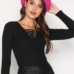 New Look Lace Up Rib Top Pitkähihainen Paita Black