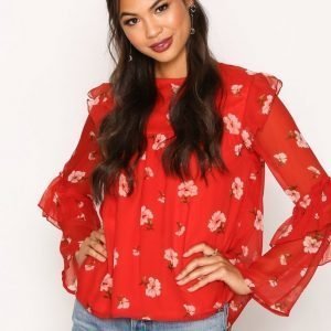 New Look Print Ruffle Chiffon Top Arkipaita Red