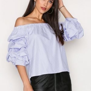 New Look Ruched Sleeve Bardot Neck Top Pitkähihainen Paita Blue / White