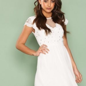 Nly One Bejeweled Lace Dress Skater Mekko Valkoinen