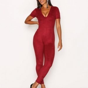 Nly One Suede Plunge Jumpsuit Burgundy