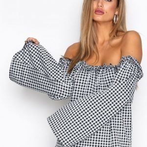 Nly Trend Check Off Shoulder Top Pitkähihainen Paita Musta / Valkoinen