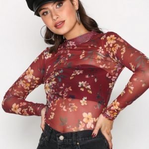 Nly Trend Print Light Mesh Top Pitkähihainen Paita Burgundy