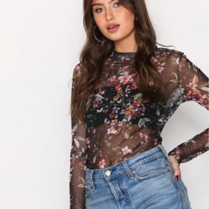 Nly Trend Print Light Mesh Top Pitkähihainen Paita Musta