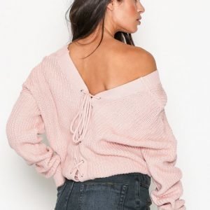 Nly Trend V-Back Lace Up Knit Neulepusero Vaalea Pinkki