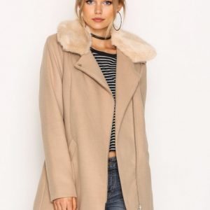 River Island Fur Collar Jacket Pitkä Takki Camel