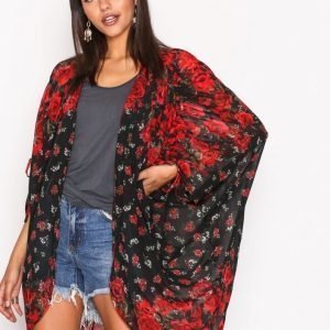 River Island Print Longline Cardigan Kimono Black / Red