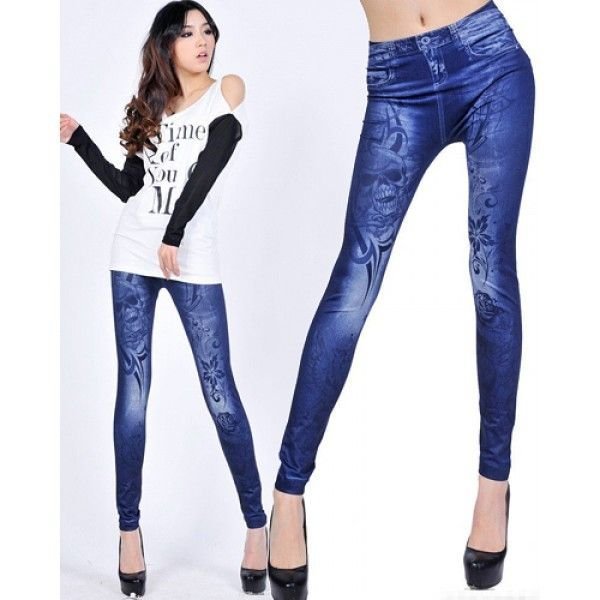 Skulls tattoo blue jeans print leggings