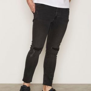 Topman Black Ripped Raw Hem Cropped Stretch Skinny Jeans Farkut Black