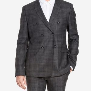 Topman Check Wool Double Breasted Suit Jacket Bleiseri Charcoal