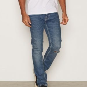 Topman Mid Wash Blue Ripped Stretch Slim Jeans Farkut Dark Blue