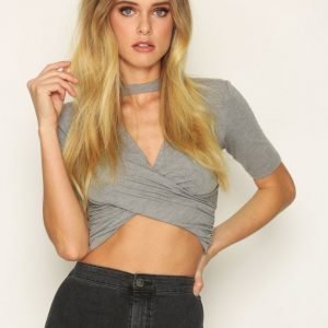 Topshop Choker Short Sleeve Twist Crop Top T-Paita Grey