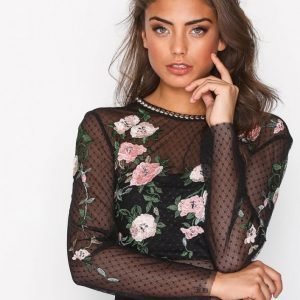 Topshop Embroidered Floral Top Pitkähihainen Paita Black