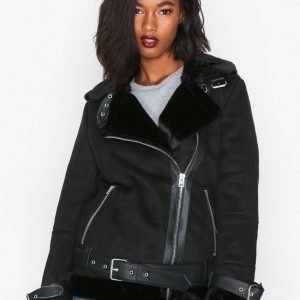 Topshop Faux Shearling Biker Jack Nahkatakki Black