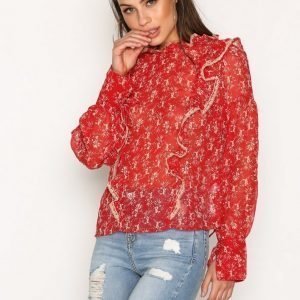 Topshop Floral Bouquet Lace Trim Top Arkipaita Red