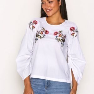 Topshop Floral Embroidered Poplin Top Pusero White