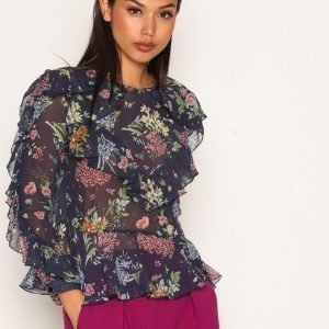 Topshop Floral Ruffle Blouse Arkipaita Navy Blue