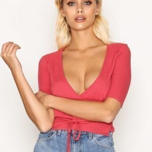 Topshop Half Sleeve Rib Wrap Top T-Paita Pink