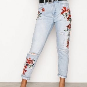 Topshop Moto Flower Embroidered Mom Jeans Loose Fit Farkut Bleach Acid Wash