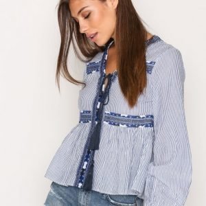 Topshop Stripe Embroidered Smock Top Pusero Blue